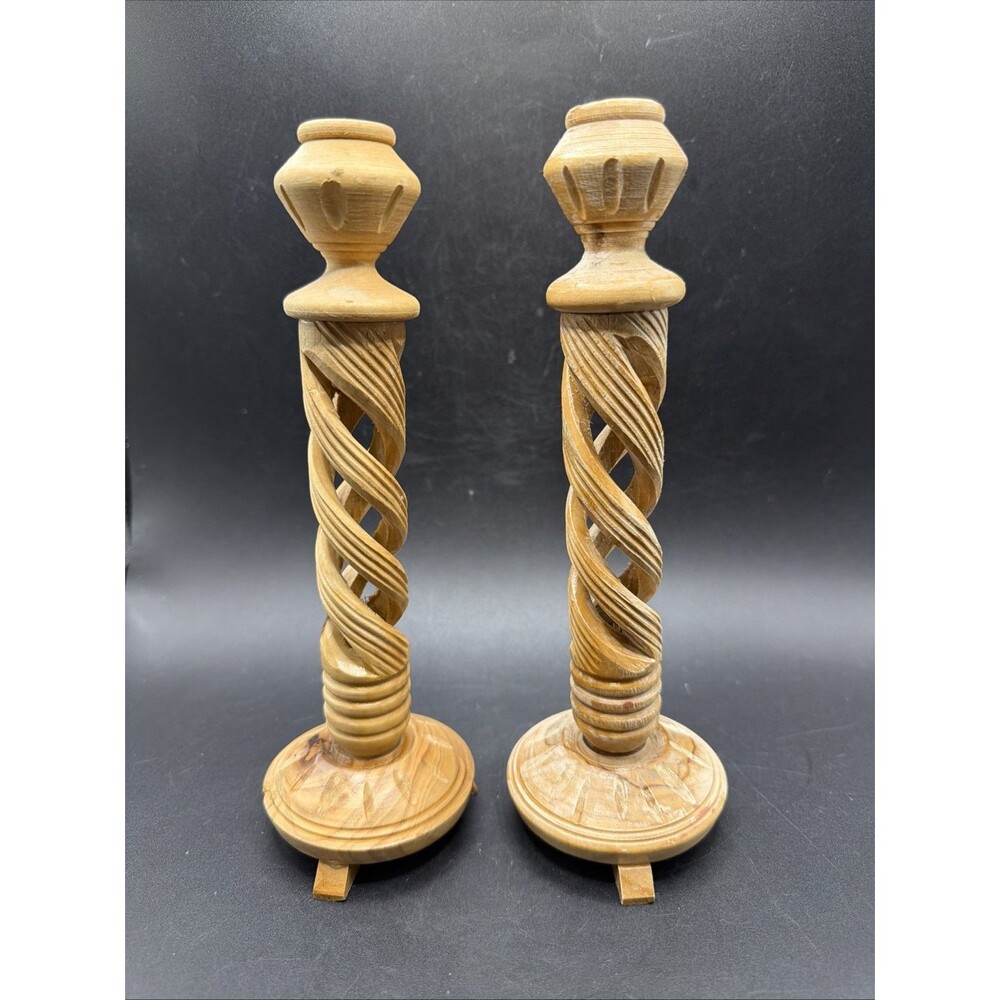 Pair Of Vintage Carved Wood Taper Candle Holders Open Barley Twist Design Footed